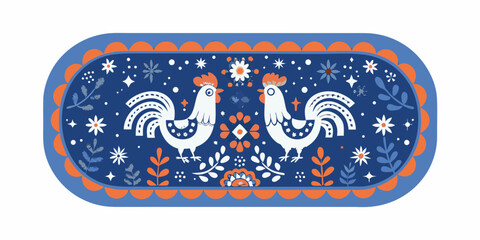 A charming folk art design featuring two roosters and floral motifs