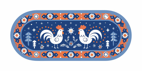 A charming oval rug featuring roosters trees and floral patterns in blue and orange