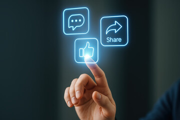 Social engagement like share A hand to interact with glowing holographic icon for social engagement and communication conveying excitement and connection