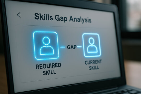Skills gap analysis required current skill gap shown on laptop screen with holographic icons HR interface to assess training need and urgency