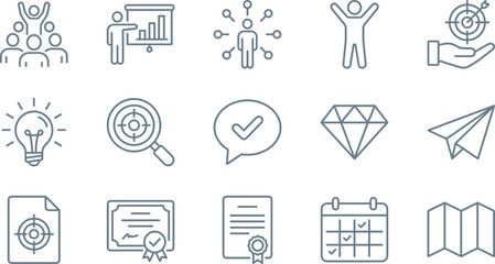 Business Leadership and Success Line Icons Set Featuring Strategy Target Idea Diamond Achievement Certificate Calendar Career Growth And Professional Development