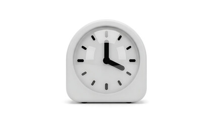 Modern white alarm clock on a white background, displaying approximately 4 o'clock