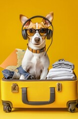 Stylish dog sitting in an open yellow suitcase, read for a travel and adventur, with travel items like hadphones, a map, folded clthes, and sunglasses.