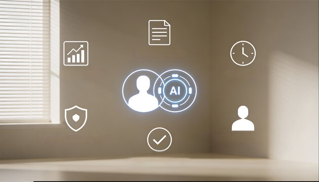 Digital illustration of artificial intelligence and human collaboration featuring glowing neon icons for user profile data analytics time management security and quality check - Powered by Adobe
