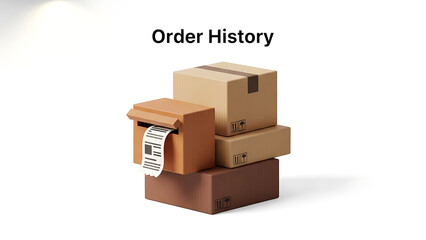 Fototapeta premium Conceptual illustration of online shopping order history, with stacked delivery boxes and a document holder, representing past transactions, shipments, and customer records