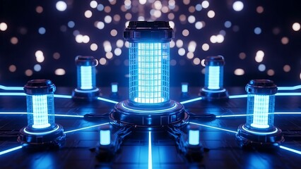 Glowing blue cylindrical structures connected by lines on a futuristic network background