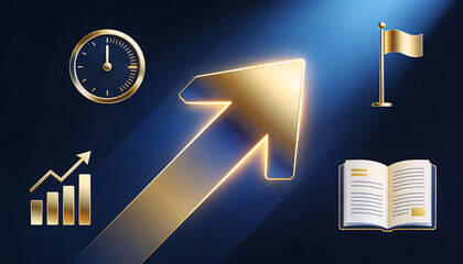 Golden rising arrow with business icons for growth analytics time management and knowledge on blue background representing corporate strategy and financial achievement