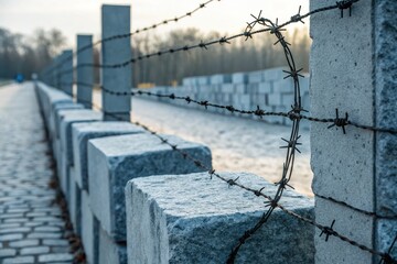 Barbed wire fence with concrete blocks symbolizes Venezuela crisis and US border issues, evoking tension and restriction