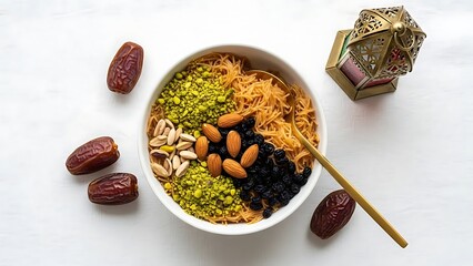 Colorful bowl of traditional dessert with nuts and dried fruits arranged beautifully