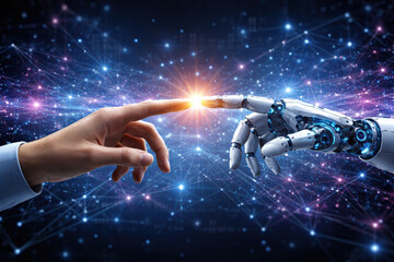 Technology connection innovation collaboration interaction partnership A human hand and robotic hand reach to touch with glowing spark conveying hopeful emotion and future