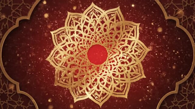 Ornate gold motif with a glowing red core set against a shimmering red texture framed by decorative geometric borders