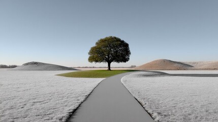 Path to Nature's Embrace: A solitary tree stands majestically amidst a serene landscape, a path leading the way toward its verdant embrace, with gentle hills framing the horizon under a clear sky.