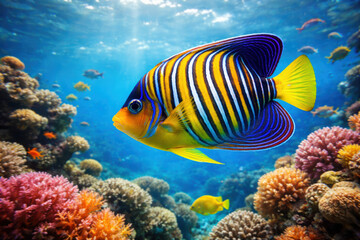 Obraz premium Tropical angelfish reef colorful marine underwater A vibrant tropical reef scene with a striking striped angelfish gliding over coral evoking a serene joyful mood |