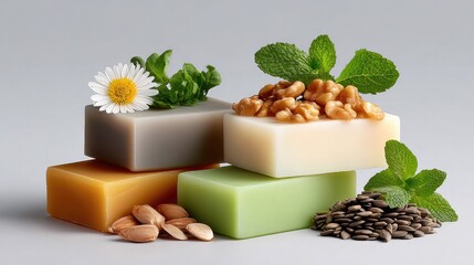 Artisan Soap with Organic Ingredients: Close-up composition of handcrafted artisan soap bars, adorned with natural botanicals like nuts, seeds and fresh mint leaves.