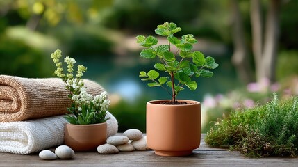 Serene Spa Setting: The image exudes tranquility, showcasing rolled towels, potted plants, and smooth river rocks. The scene is enveloped by lush greenery.