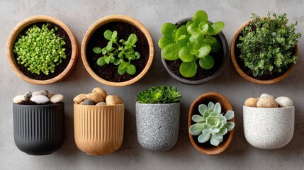 Green Oasis Collection: A diverse arrangement of small potted plants and succulents, each thriving in its own unique ceramic container. a visual symphony of nature's simple beauty.