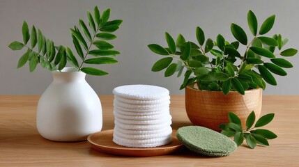 Natural Skincare Setup: An artful arrangement of botanical elements, featuring fresh greenery, cleansing pads, and minimalist vases, embodying a sense of gentle care and natural beauty.