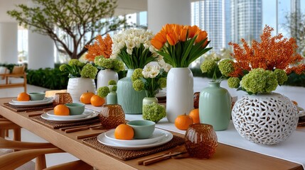 Elegant Table Setting: A sophisticated table setting adorned with vibrant flowers, fresh oranges, and stylish tableware, creating an atmosphere of refined dining and visual delight.