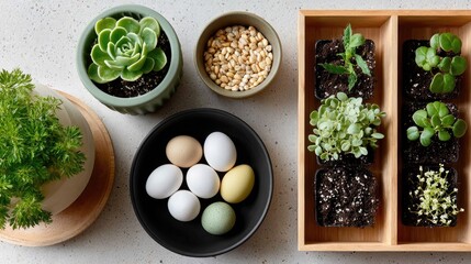 Nature's Bounty: An array of fresh ingredients, including vibrant potted plants and a bowl of colorful eggs.
