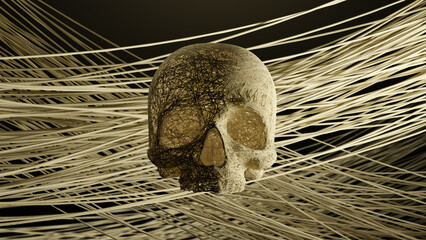 Spooky robot skull immersed within vibrant streams of digital information