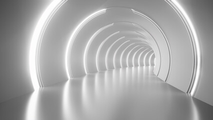 Minimalist illuminated tunnel featuring symmetrical glowing arches and reflective flooring