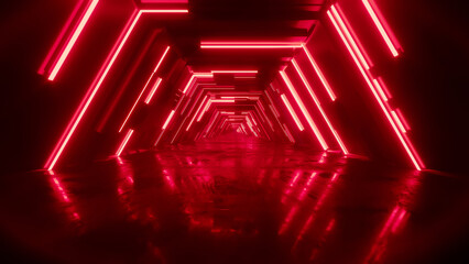 Neonlit hexagonal tunnel with reflective surface and pulsing highlights