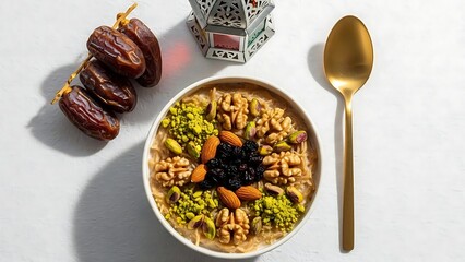 Delicious bowl of nutty oatmeal topped with dried fruits and decorative lantern on the side