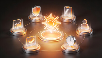 3D cinematic illustration of a glowing sun core representing central energy and leadership surrounded by business icons for analytics security management and quality assurance