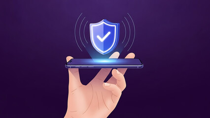 Hand Holding Smartphone with Glowing Shield and Checkmark for Mobile Cybersecurity and Data Protection Concept