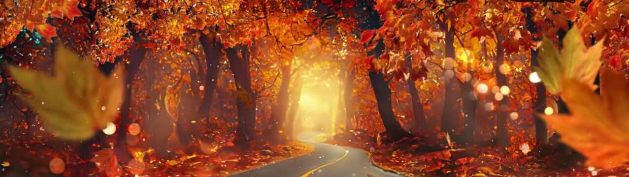 Romantic Autumn Forest Road with Golden Foliage and Soft Glowing Bokeh
