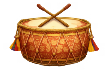 Ornate traditional drum with drumsticks, featuring vibrant tassels and intricate patterns, on transparent background