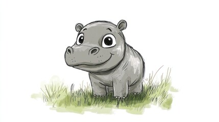 Cute hippo calf in grass, cartoon illustration, children's book