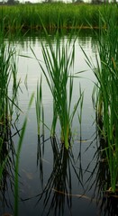 Obraz premium Tall green reeds emerge dramatically from the surface of calm water, creating a tranquil wetland landscape and vibrant natural texture, marsh, fresh, wild