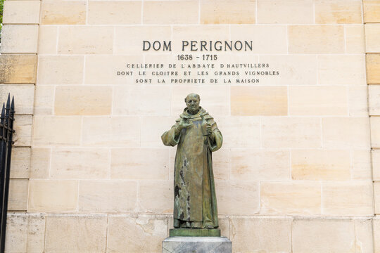 Dom Perignon statue standing on Avenue de Champagne, Epernay