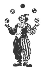 Vintage black and white vector illustration of a cheerful clown juggling five patterned balls in classic circus costume.