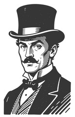 Vintage black and white vector portrait of a sophisticated Victorian gentleman wearing top hat, mustache and bow tie.