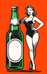 Retro pin-up girl in swimsuit posing confidently next to oversized green beer bottle with blank label on red background.