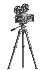 Vintage film movie camera on tripod with reels in detailed black and white vector illustration.
