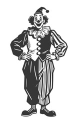 Vintage circus clown in classic ruffled costume with hands on hips in detailed black and white vector illustration.