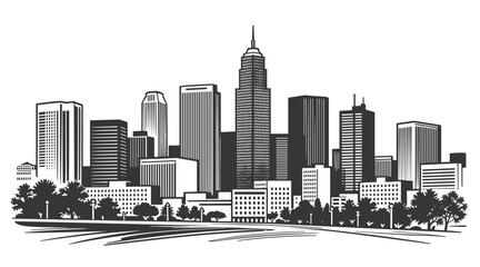 Modern city skyline with towering skyscrapers and foreground trees in detailed black and white vector illustration.