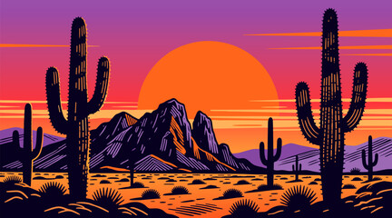 Vibrant vector illustration of a desert landscape at sunset with saguaro cacti silhouetted against colorful orange and purple sky.