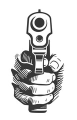 Black and white vector illustration of a hand holding a pistol pointed directly at the viewer in dramatic style.