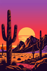 Vertical vibrant vector illustration of a desert landscape at sunset with saguaro cacti silhouetted against colorful orange and purple sky.