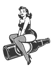 Vintage black and white vector illustration of retro pin-up girl sitting on oversized beer bottle wearing fishnet stockings.