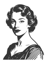 Vintage black and white vector portrait illustration of an elegant retro woman with wavy hair and classic makeup style.