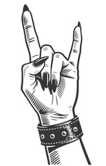 Black and white vector illustration of feminine hand with black nails and leather wristband making rock and roll horn sign.