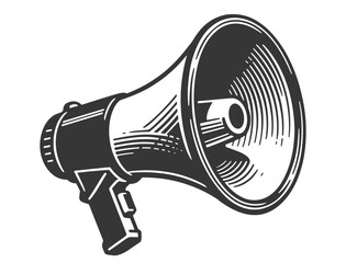 Vintage black and white vector illustration of a classic handheld megaphone ion white background.