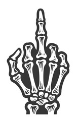 Black and white vector illustration of a skeletal hand giving the middle finger gesture in bold outline style.