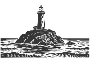 Vintage black and white engraved vector illustration of a solitary lighthouse on rocky cliff surrounded by ocean waves.