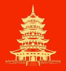 Golden vector silhouette of a traditional multi-tiered Chinese pagoda temple against vibrant red background